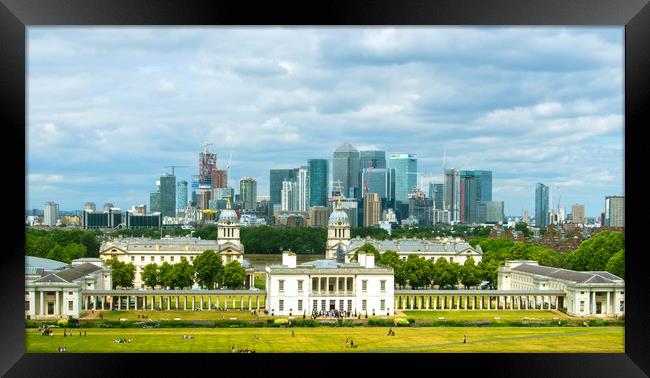 Greenwich University And Canary Wharf Framed Print by Clive Eariss