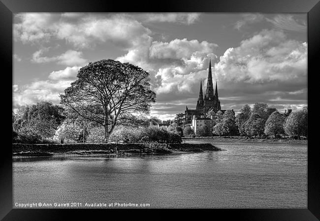 Stowe Pool and Lichfield Cathedral - Mono Framed Print by Ann Garrett