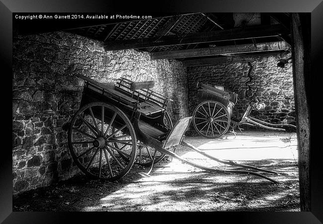 Old Barn and Horse Carriages Monochrome Framed Print by Ann Garrett