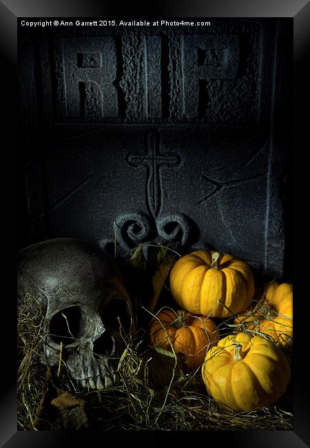 Skull Headstone and Pumpkins Framed Print by Ann Garrett