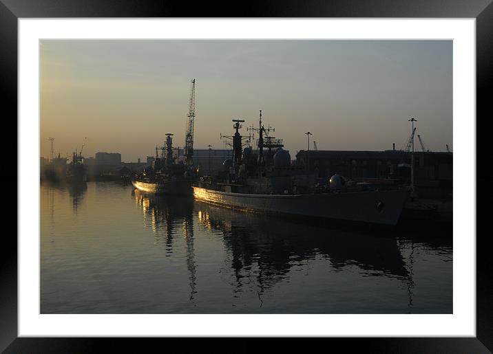 HMS Gloucester at dawn Framed Mounted Print by Simon Wilson