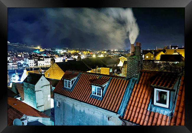 Whitby Smoking Chimney Rooftops at Night Framed Print by Paul M Baxter
