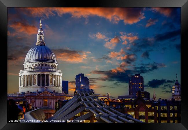 Illuminated St. Paul's Cathedral & Millennium Brid Framed Print by David Tyrer