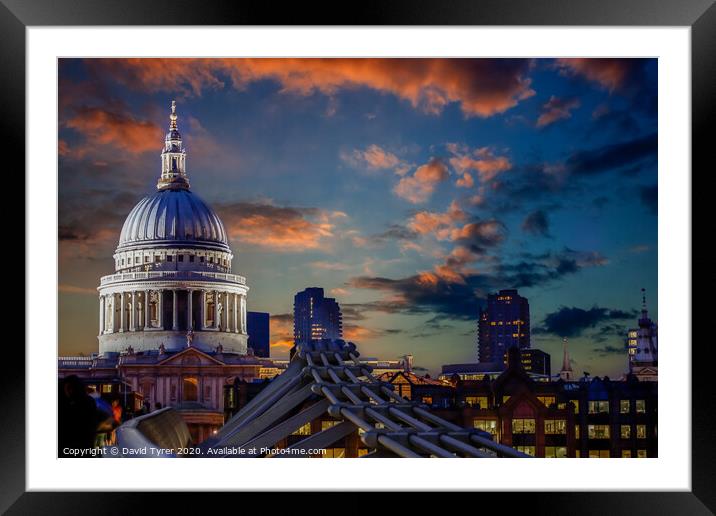 Illuminated St. Paul's Cathedral & Millennium Brid Framed Mounted Print by David Tyrer