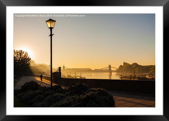  Early morning: Hammersmith Bridge, lone cyclist Framed Mounted Print by Matthew Bruce