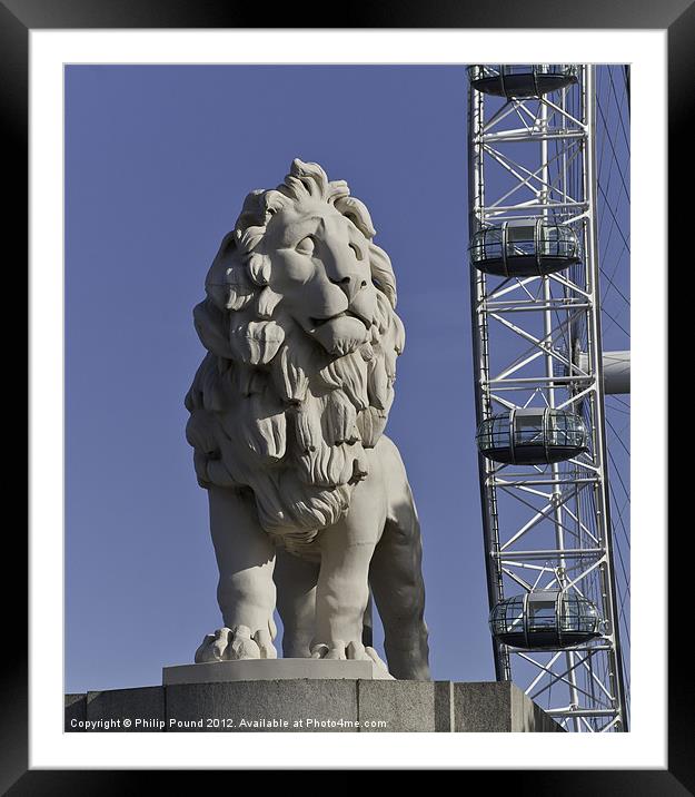 Lion Statue & London Eye Framed Mounted Print by Philip Pound