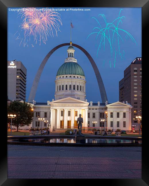  Fireworks at the Gateway to the West Arch monumen Framed Print by Philip Pound