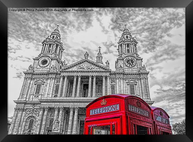 Red Phone Boxes with Monochrome St Paul's Cathedra Framed Print by Philip Pound
