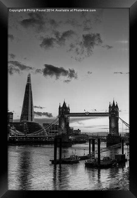  London's Tower Bridge and Shard - a black and whi Framed Print by Philip Pound