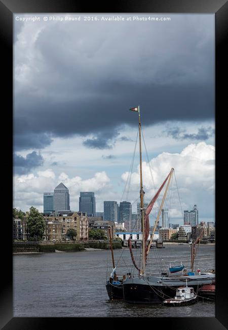 Thames Barge & Canary Wharf Framed Print by Philip Pound