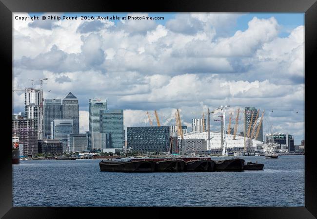 City of London and the O2 Arena at Docklands  Framed Print by Philip Pound