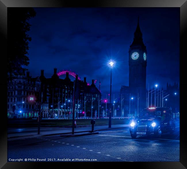 London Taxi at Night and Big Ben Framed Print by Philip Pound