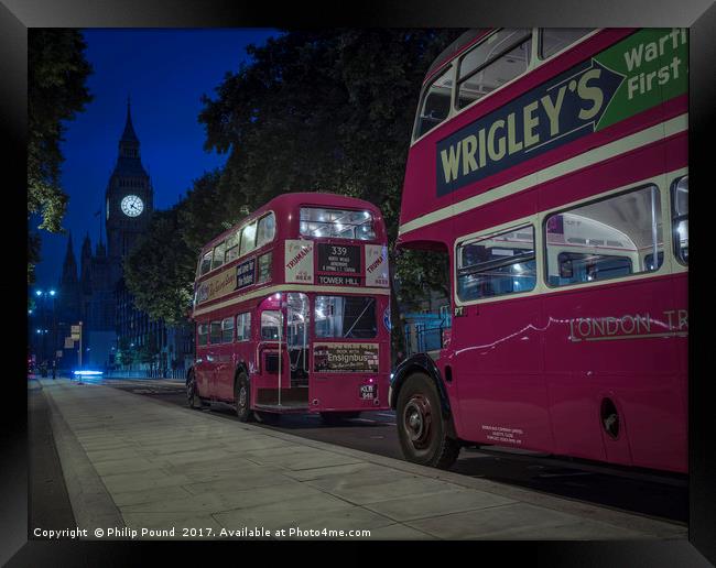  Big Ben and London Red Buses at Night Framed Print by Philip Pound