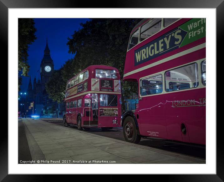  Big Ben and London Red Buses at Night Framed Mounted Print by Philip Pound