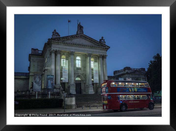 London Red Bus at Tate Britain Art Museum at Night Framed Mounted Print by Philip Pound