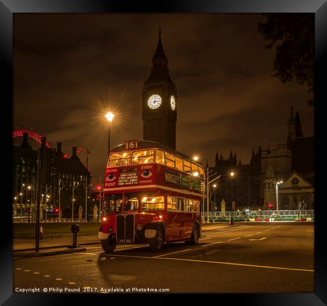 London Red Bus at Night with Big Ben Framed Print by Philip Pound