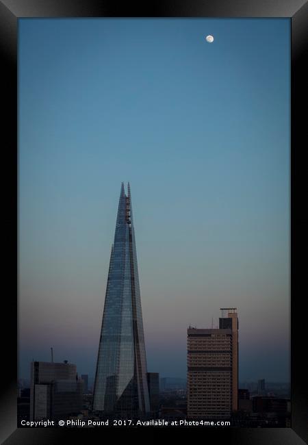 Sunset and Moon over The Shard in London Framed Print by Philip Pound
