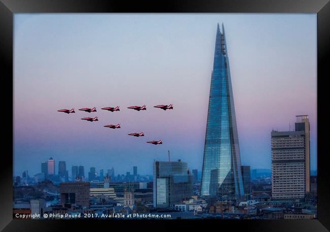 Red Arrows Fly Past Over The Shard and Docklands Framed Print by Philip Pound