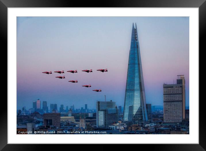 Red Arrows Fly Past Over The Shard and Docklands Framed Mounted Print by Philip Pound
