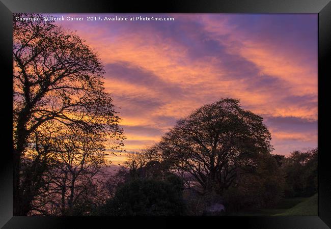 Setting sun behind trees Framed Print by Derek Corner