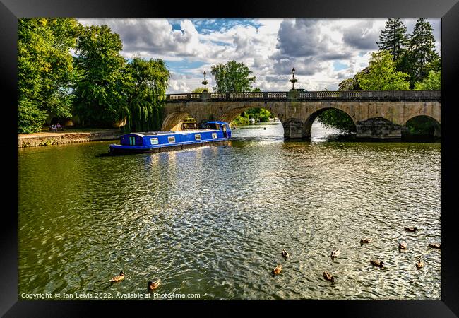 A Blue Narrowboat at Wallingford Bridge Framed Print by Ian Lewis