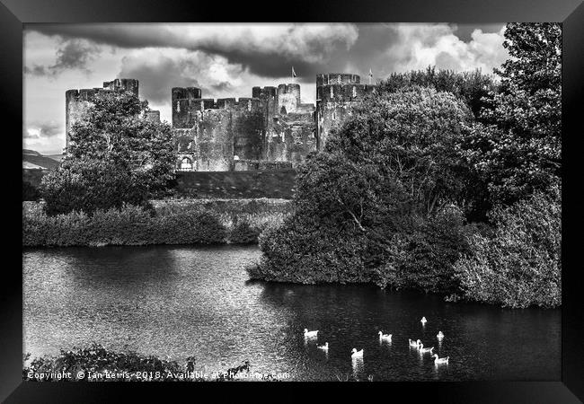 Caerphilly Castle Western Towers mono Framed Print by Ian Lewis