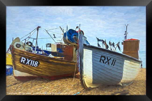 Fishing Boats On The Beach Digital Art Framed Print by Ian Lewis