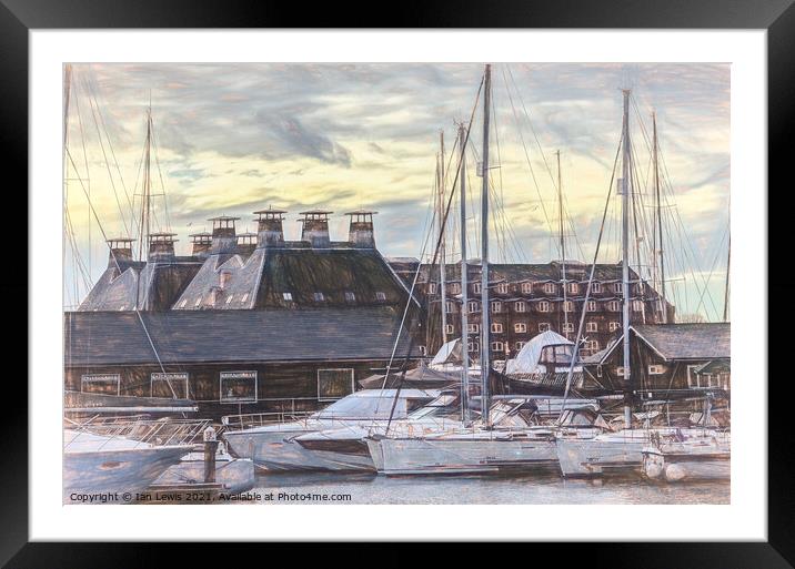 Buildings and Boats on Ipswich Waterfront Framed Mounted Print by Ian Lewis
