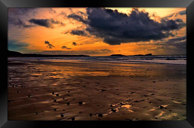 Sunset over Rhossili Bay, Gower Framed Print by Hazel Powell