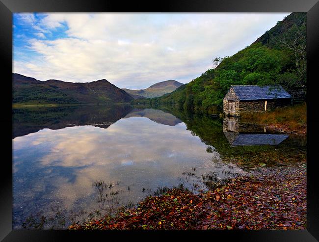 Llyn Dinas, boat house Framed Print by carl barbour canvas