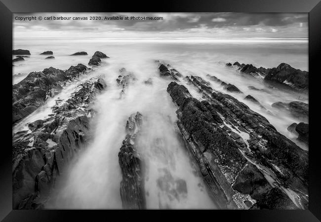 Sandymouth misty ledges Framed Print by carl barbour canvas