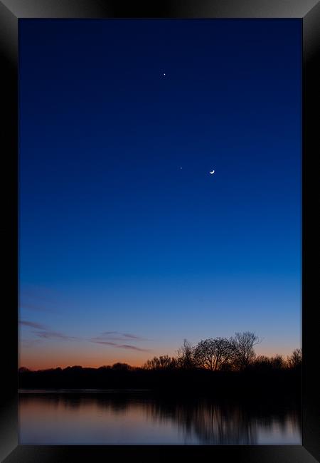 Jupiter, Venus and the Moon over the lake Framed Print by Mark Chance