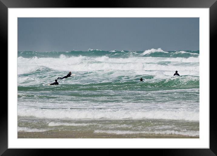 Surfers and waves at Perranporth Framed Mounted Print by mark humpage