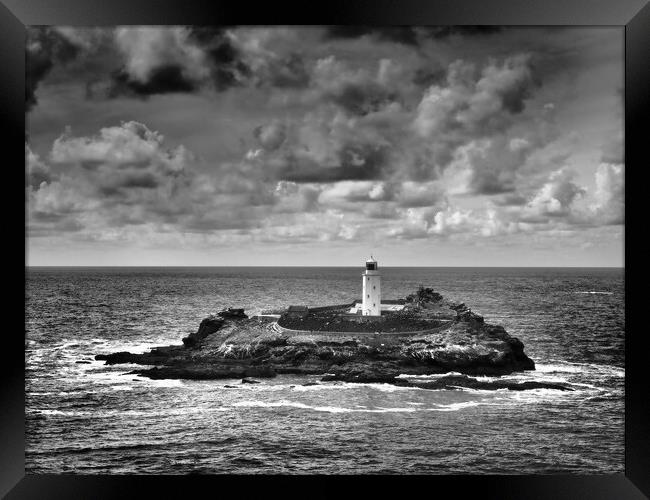 Godrevy Lighthouse monochrome Framed Print by mark humpage