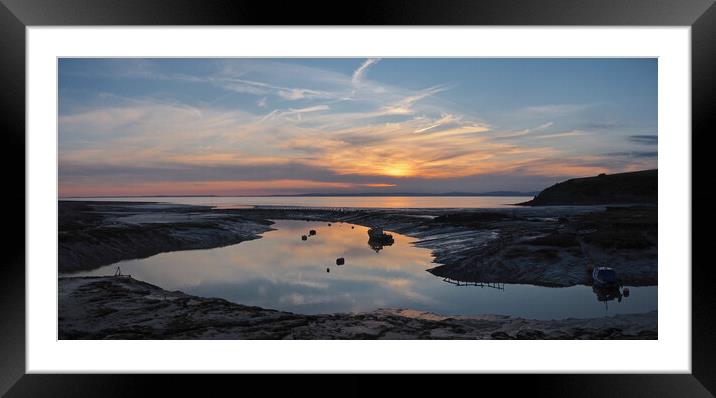 Golden Sunset over water at Clevedon harbour, Somerset. Framed Mounted Print by mark humpage