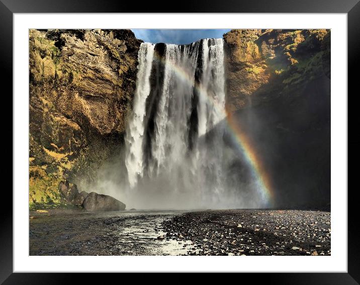 Waterfall rainbow Iceland Framed Mounted Print by mark humpage