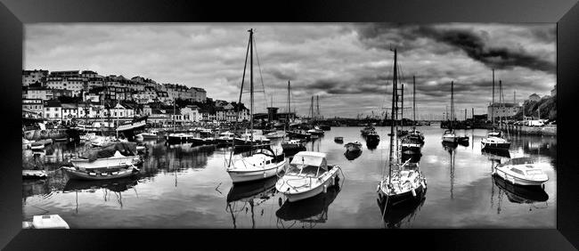 Brixham Harbour Boats panorama black and white. Framed Print by mark humpage