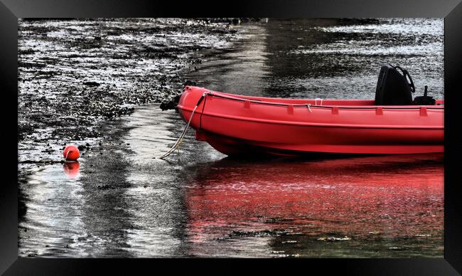 Red boat in water North Wales Framed Print by mark humpage