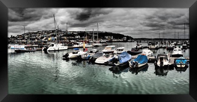 Boats moored in Brixham marina Framed Print by mark humpage