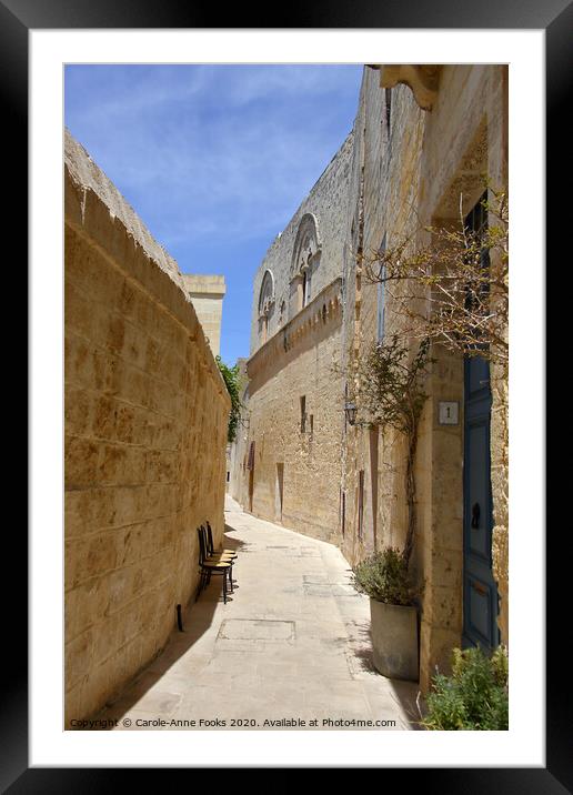 Narrow Street in Mdina, Rabat, Malta. Framed Mounted Print by Carole-Anne Fooks