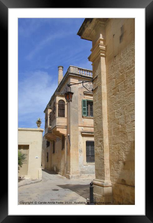 Narrow Street in Mdina, Rabat, Malta. Framed Mounted Print by Carole-Anne Fooks
