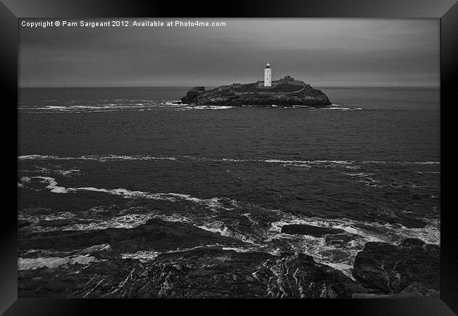 Godrevy Lighthouse Mono Framed Print by Pam Sargeant