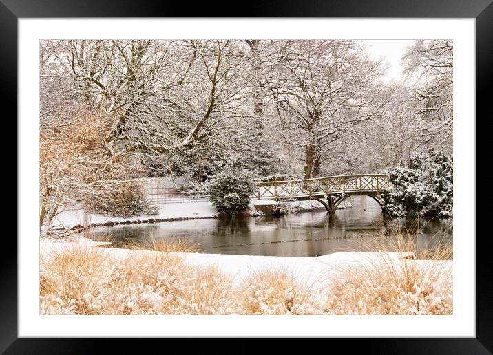 A bridge in the snow at Birkenhead park Framed Mounted Print by Rob Lester