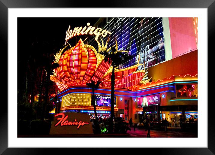 Flamingo Las Vegas Hotel Neon Lights America Framed Mounted Print by Andy Evans Photos