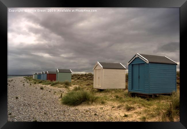 Findhorn Beach Huts Framed Print by Jamie Green