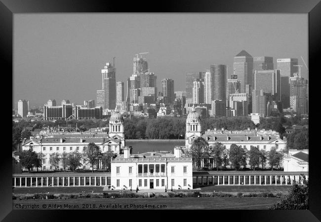  Queens House and Canary Wharf from Greenwich  Framed Print by Aidan Moran
