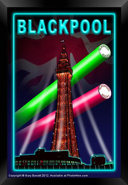 Blackpool Tower Rock Neon Blue Framed Print by Gary Barratt