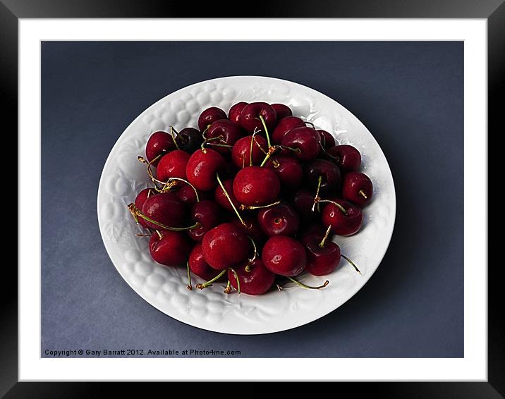Cherries White Bowl On Blue Framed Mounted Print by Gary Barratt