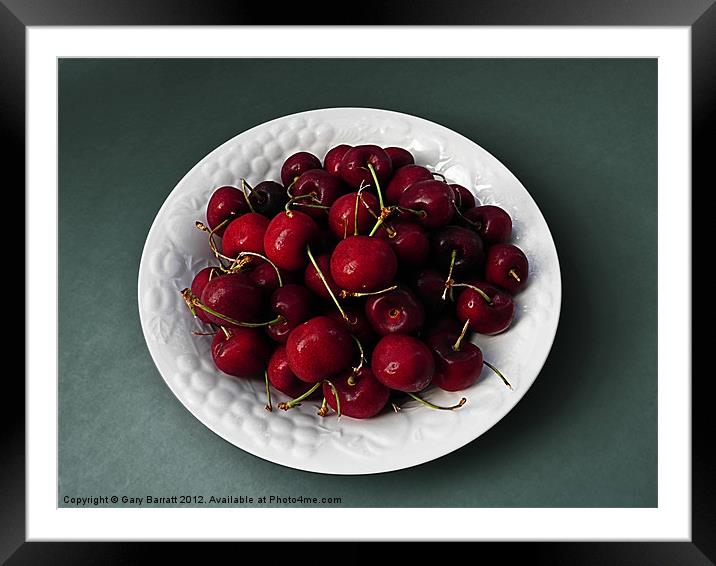 Cherries White Bowl On Green Framed Mounted Print by Gary Barratt