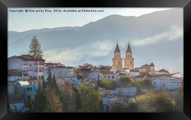Twin spires of Orgiva town church, in the Alpujarras Spain Framed Print by Fine art by Rina